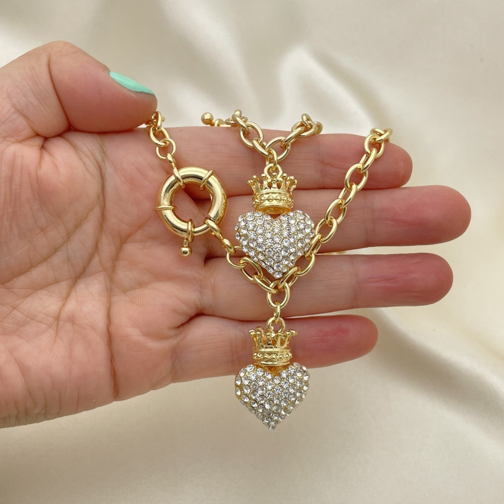 Oro Laminado Necklace and Bracelet, Gold Filled Style Heart and Crown Design, with White Crystal, Polished, Golden Finish