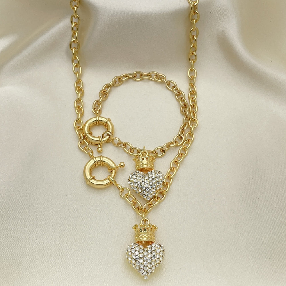 Oro Laminado Necklace and Bracelet, Gold Filled Style Heart and Crown Design, with White Crystal, Polished, Golden Finish