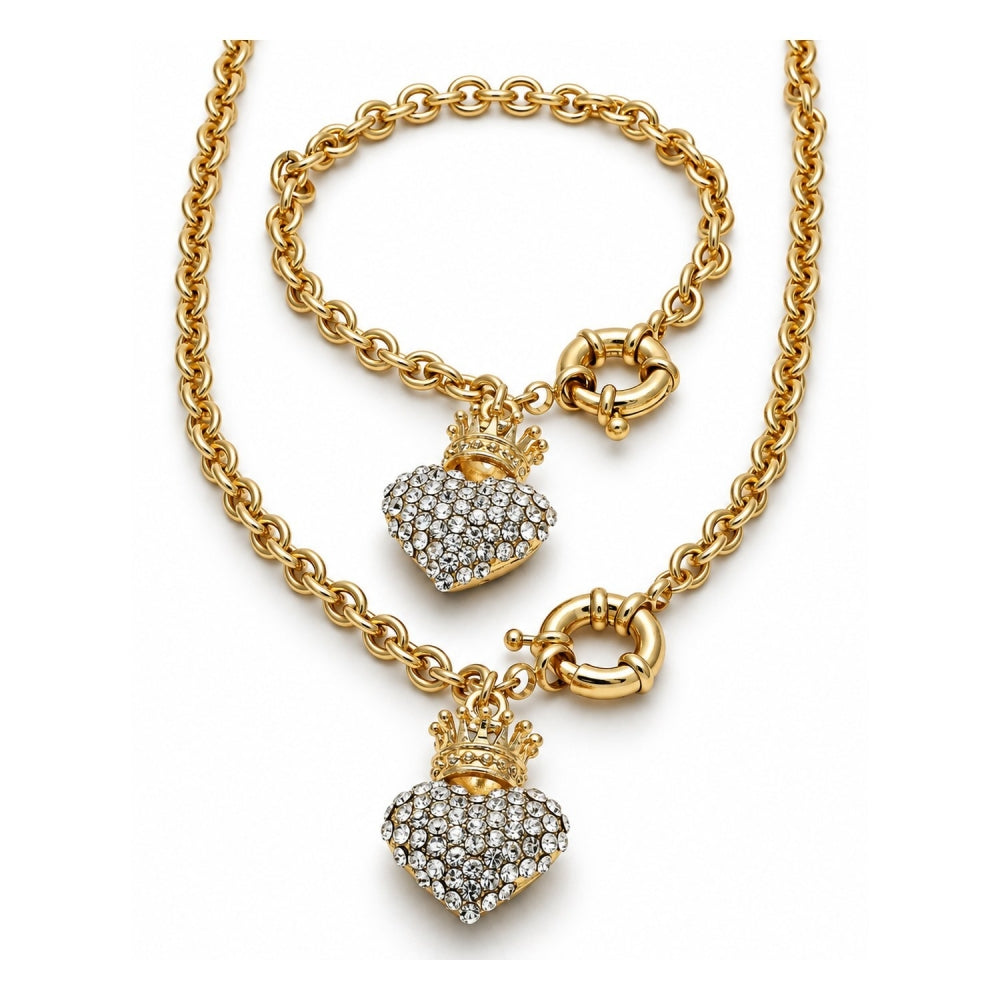 Oro Laminado Necklace and Bracelet, Gold Filled Style Heart and Crown Design, with White Crystal, Polished, Golden Finish