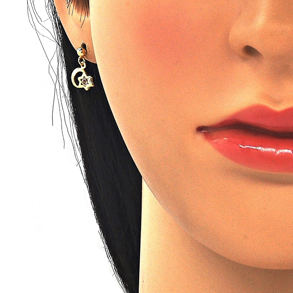 Oro Laminado Stud Earring, Gold Filled Style Moon and Star Design, with White Cubic Zirconia, Polished, Golden Finish