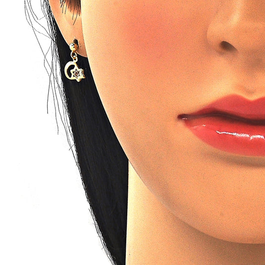 Oro Laminado Stud Earring, Gold Filled Style Moon and Star Design, with White Cubic Zirconia, Polished, Golden Finish