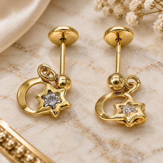 Oro Laminado Stud Earring, Gold Filled Style Moon and Star Design, with White Cubic Zirconia, Polished, Golden Finish