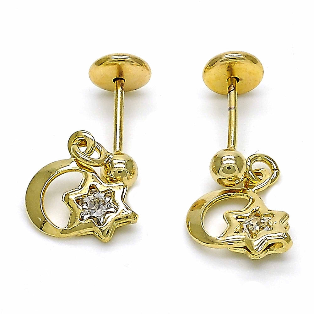 Oro Laminado Stud Earring, Gold Filled Style Moon and Star Design, with White Cubic Zirconia, Polished, Golden Finish