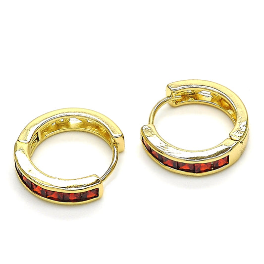 Oro Laminado Huggie Hoop, Gold Filled Style with Garnet Cubic Zirconia, Polished, Golden Finish