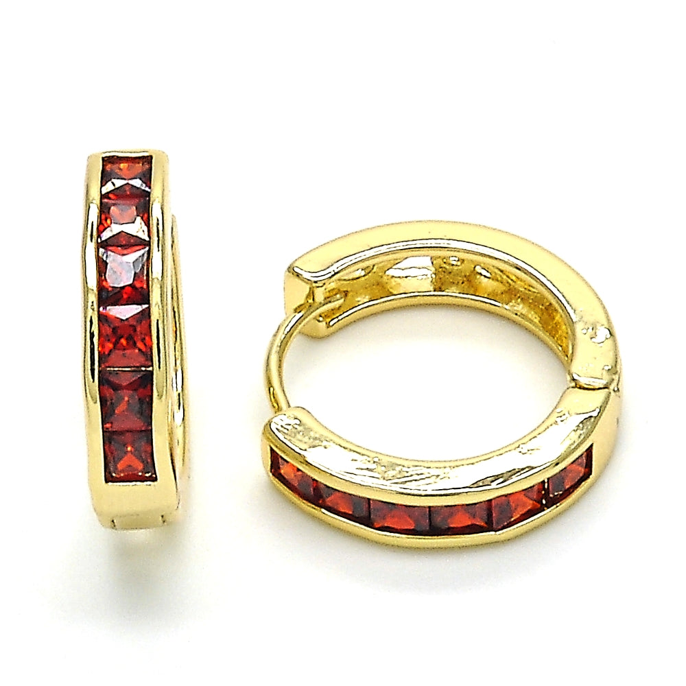 Oro Laminado Huggie Hoop, Gold Filled Style with Garnet Cubic Zirconia, Polished, Golden Finish