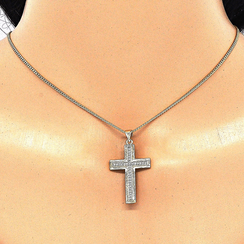 Oro Laminado Pendant Necklace, Gold Filled Style Cross Design, with White Micro Pave, Polished, Golden Finish