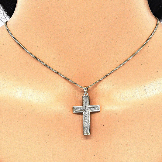Oro Laminado Pendant Necklace, Gold Filled Style Cross Design, with White Micro Pave, Polished, Golden Finish