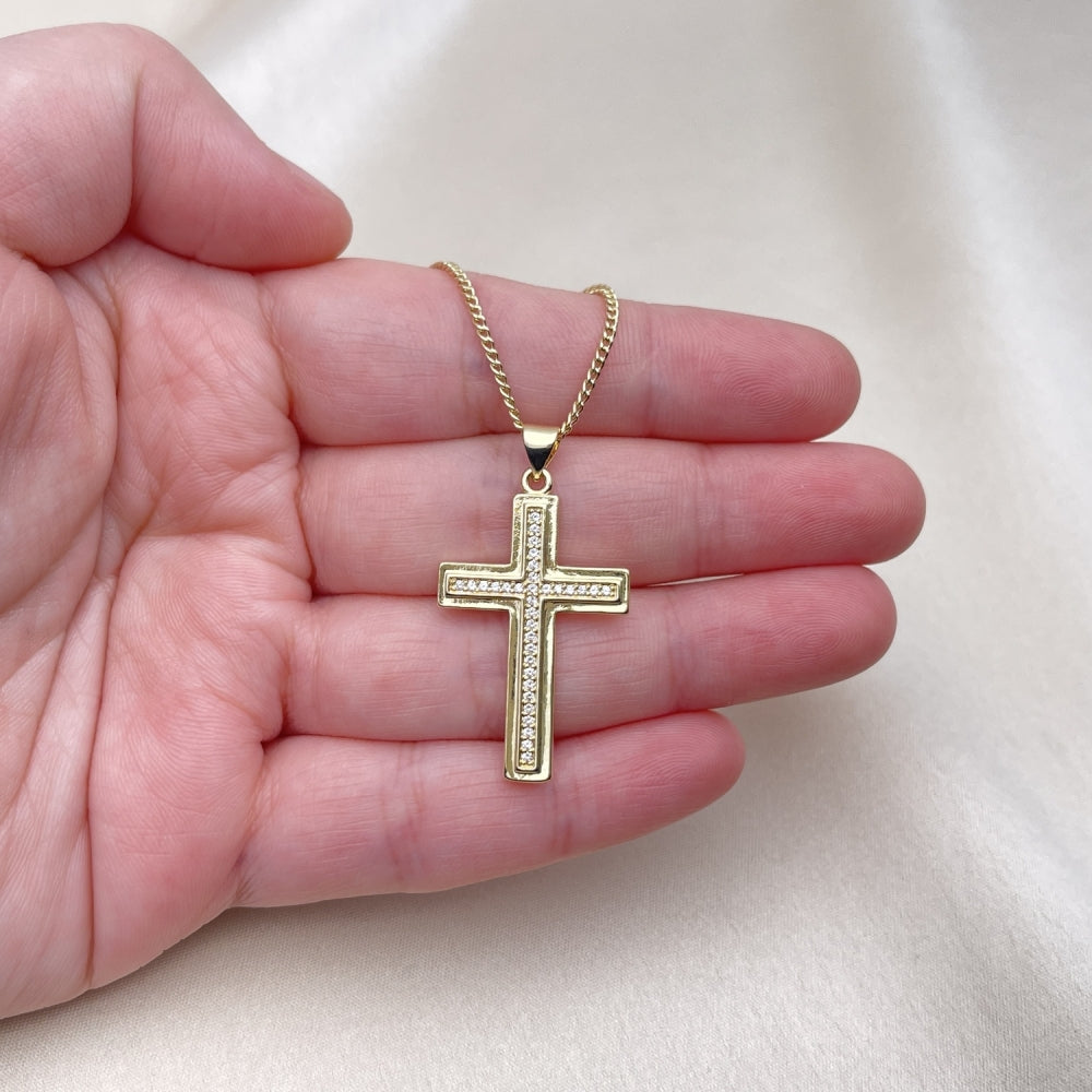 Oro Laminado Pendant Necklace, Gold Filled Style Cross Design, with White Micro Pave, Polished, Golden Finish