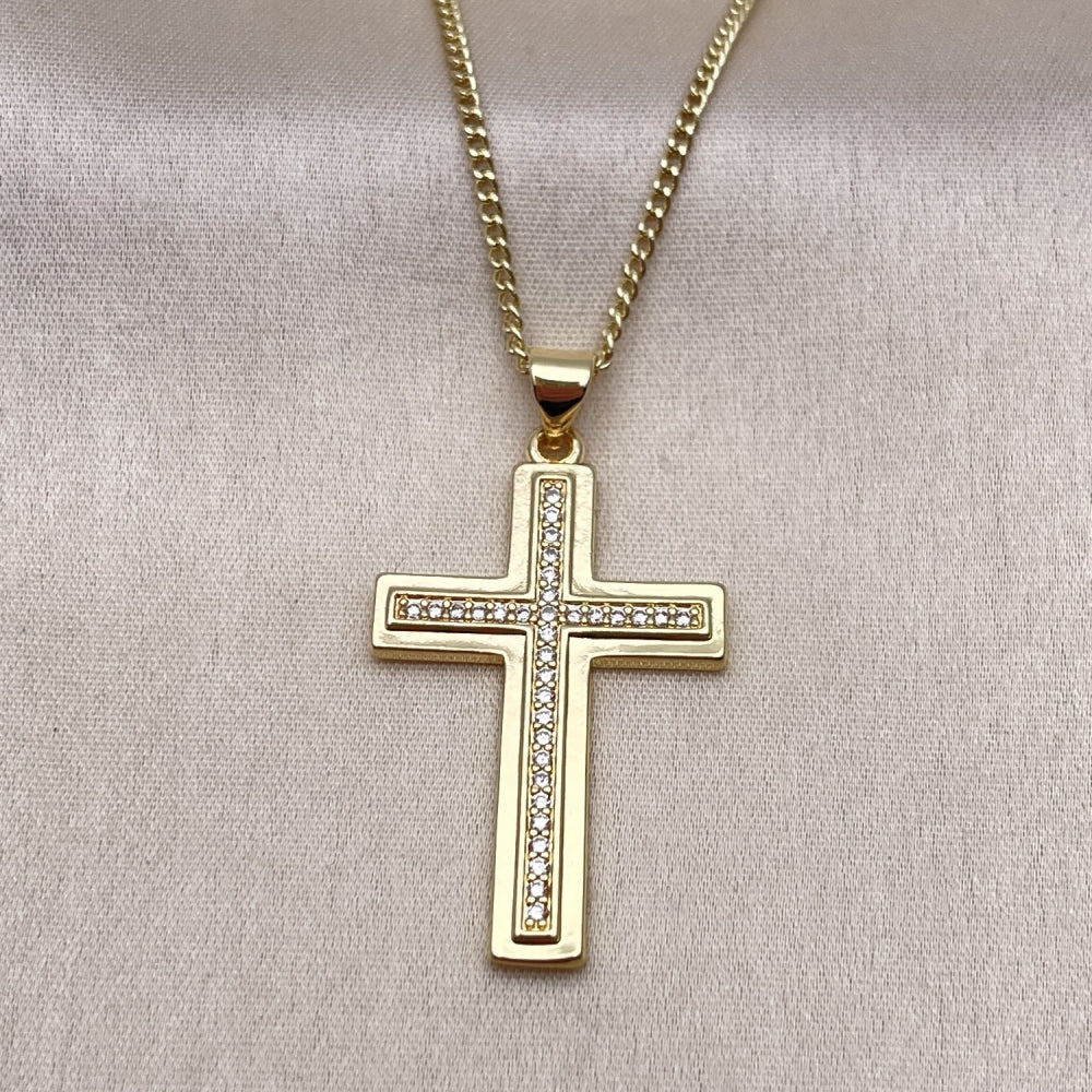 Oro Laminado Pendant Necklace, Gold Filled Style Cross Design, with White Micro Pave, Polished, Golden Finish