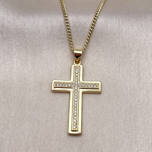 Oro Laminado Pendant Necklace, Gold Filled Style Cross Design, with White Micro Pave, Polished, Golden Finish