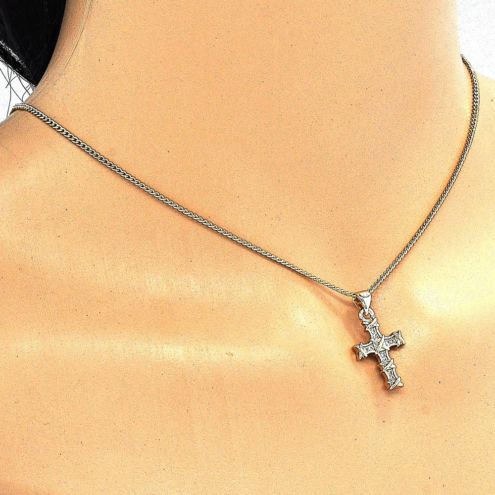 Oro Laminado Pendant Necklace, Gold Filled Style Cross Design, with White Micro Pave, Polished, Golden Finish