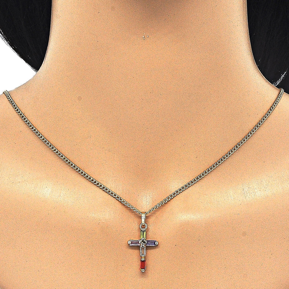 Oro Laminado Pendant Necklace, Gold Filled Style Cross and Baguette Design, with Multicolor Cubic Zirconia, Polished, Golden Finish