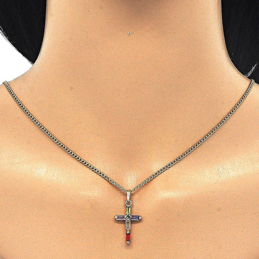 Oro Laminado Pendant Necklace, Gold Filled Style Cross and Baguette Design, with Multicolor Cubic Zirconia, Polished, Golden Finish