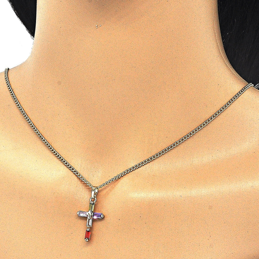 Oro Laminado Pendant Necklace, Gold Filled Style Cross and Baguette Design, with Multicolor Cubic Zirconia, Polished, Golden Finish