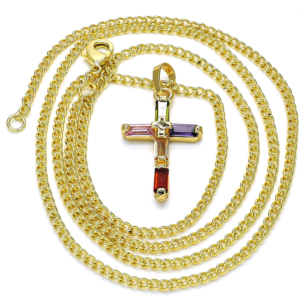 Oro Laminado Pendant Necklace, Gold Filled Style Cross and Baguette Design, with Multicolor Cubic Zirconia, Polished, Golden Finish