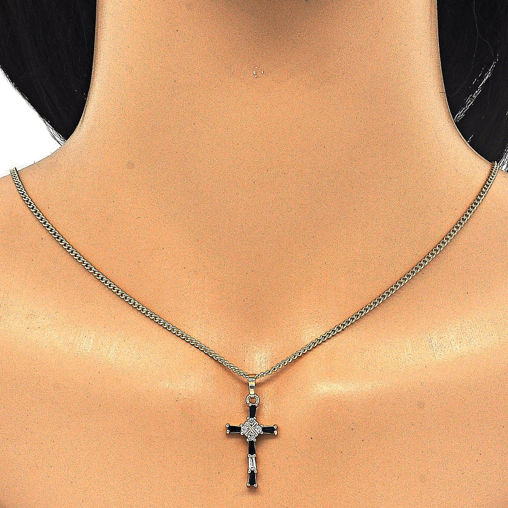 Oro Laminado Pendant Necklace, Gold Filled Style Cross and Baguette Design, with Black and White Cubic Zirconia, Polished, Golden Finish