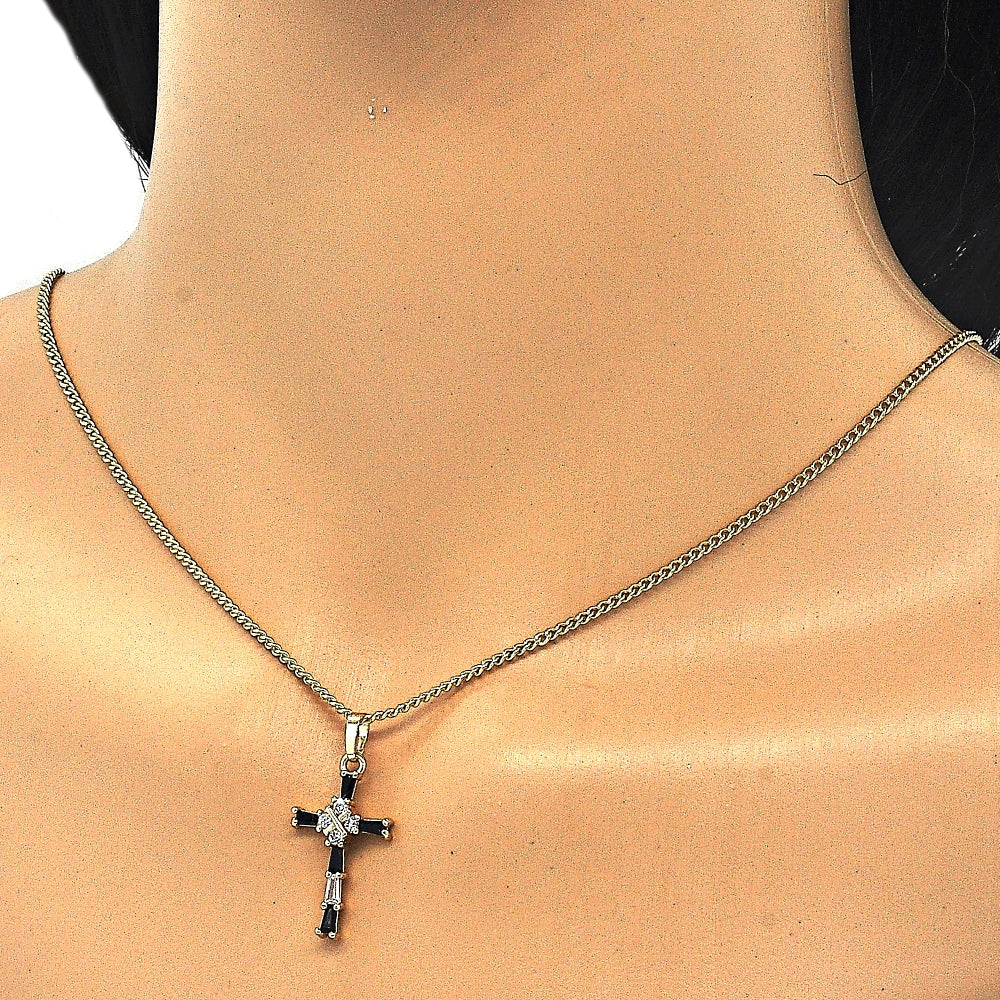 Oro Laminado Pendant Necklace, Gold Filled Style Cross and Baguette Design, with Black and White Cubic Zirconia, Polished, Golden Finish