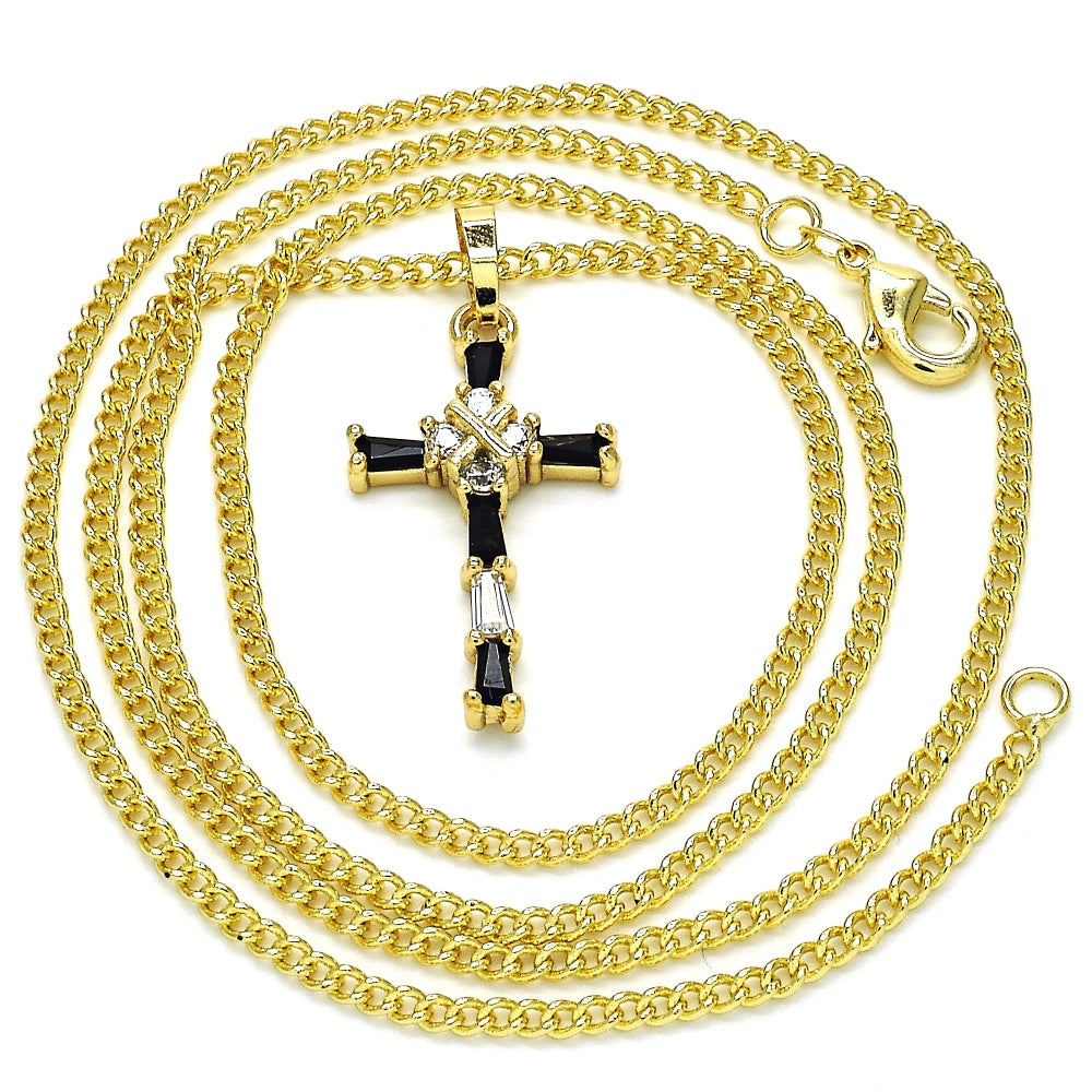 Oro Laminado Pendant Necklace, Gold Filled Style Cross and Baguette Design, with Black and White Cubic Zirconia, Polished, Golden Finish