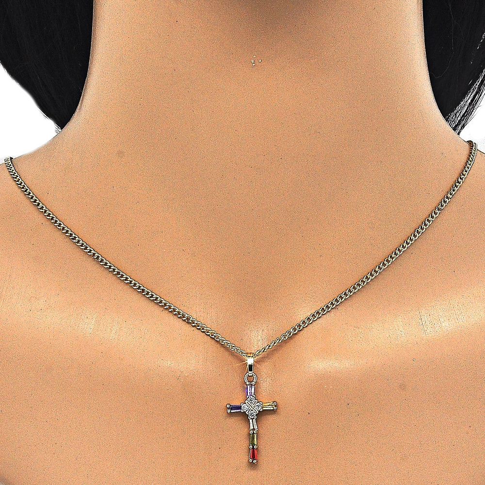 Oro Laminado Pendant Necklace, Gold Filled Style Cross and Baguette Design, with Multicolor Cubic Zirconia, Polished, Golden Finish