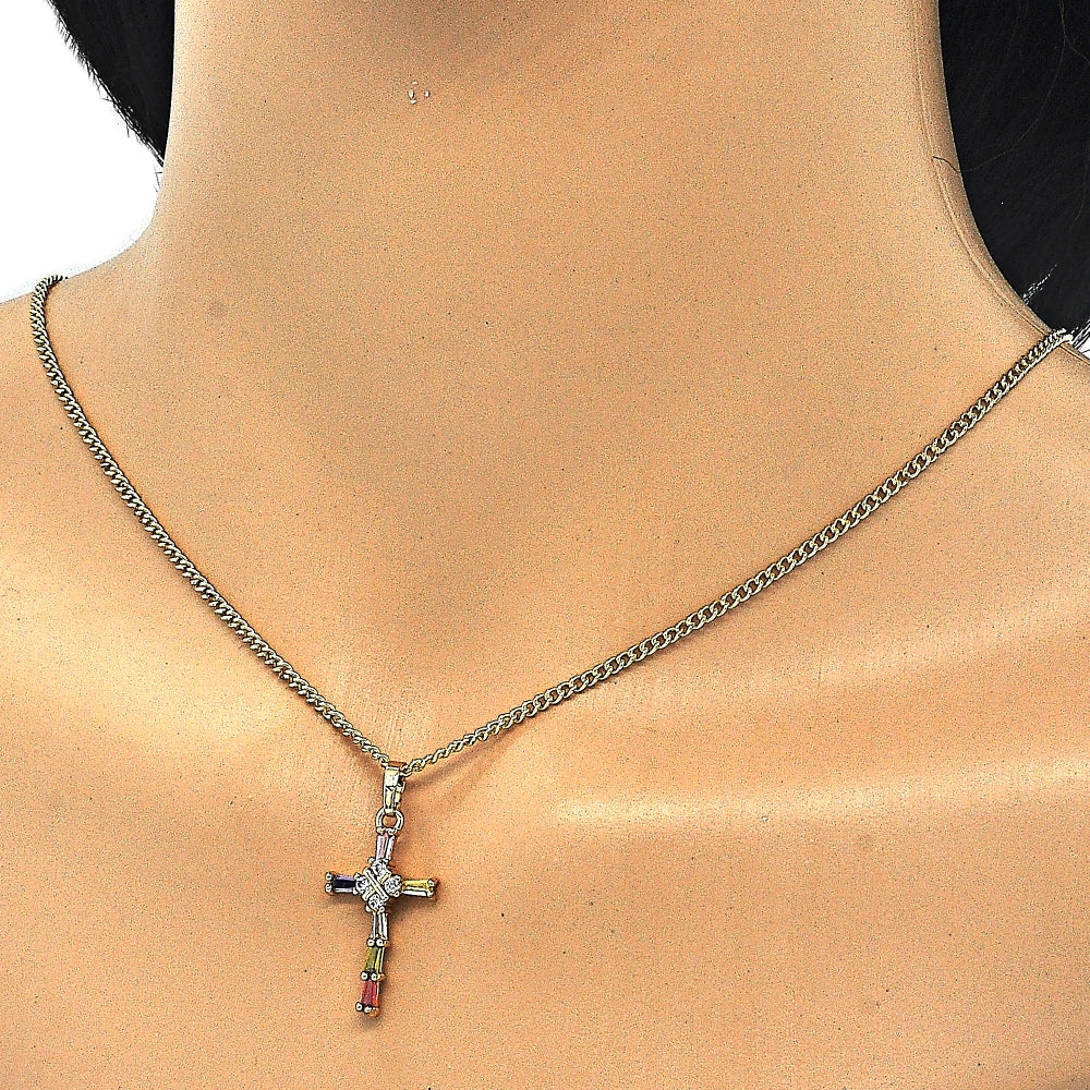 Oro Laminado Pendant Necklace, Gold Filled Style Cross and Baguette Design, with Multicolor Cubic Zirconia, Polished, Golden Finish
