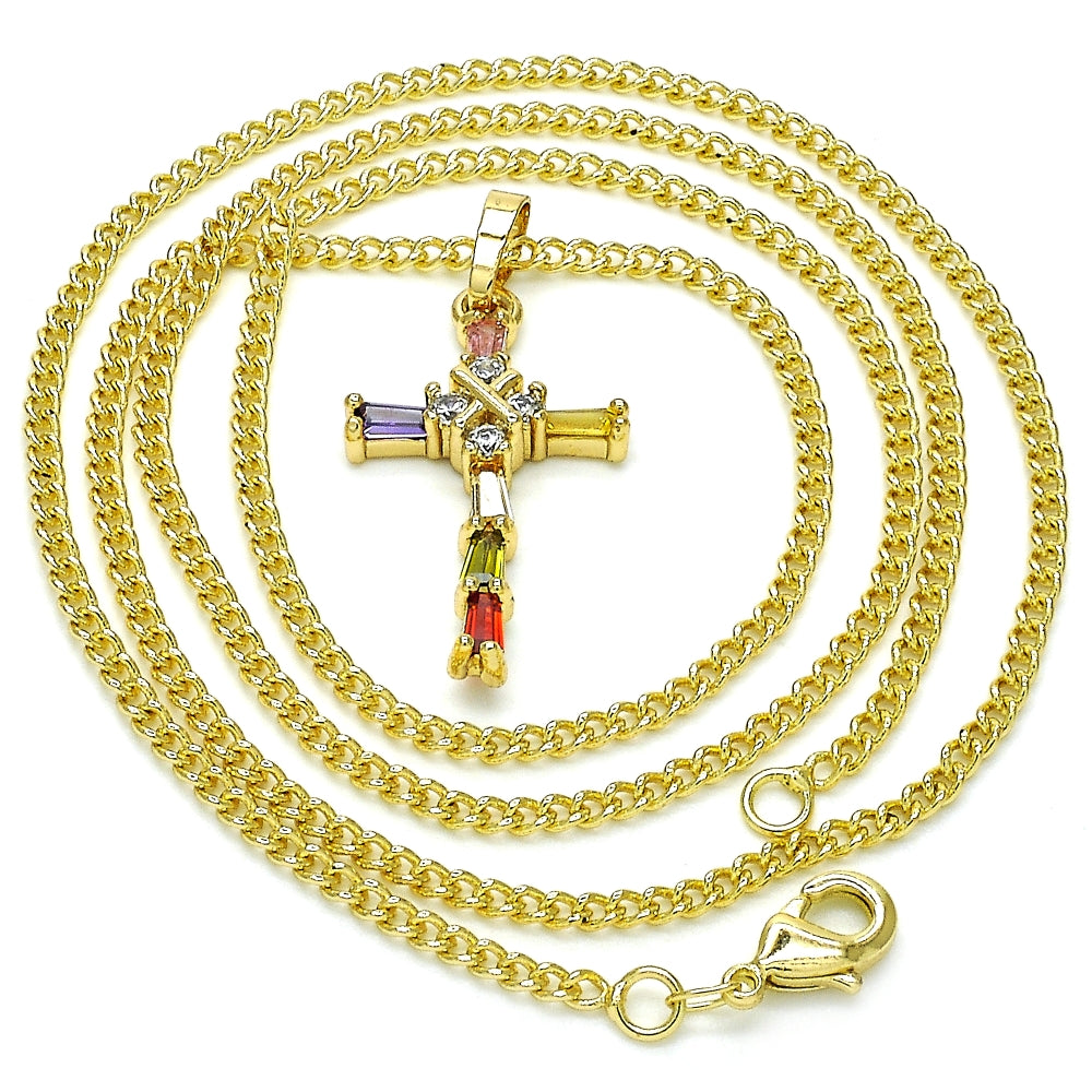 Oro Laminado Pendant Necklace, Gold Filled Style Cross and Baguette Design, with Multicolor Cubic Zirconia, Polished, Golden Finish