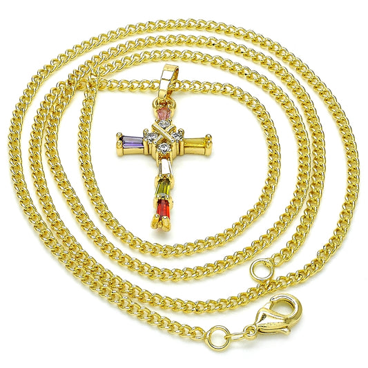 Oro Laminado Pendant Necklace, Gold Filled Style Cross and Baguette Design, with Multicolor Cubic Zirconia, Polished, Golden Finish