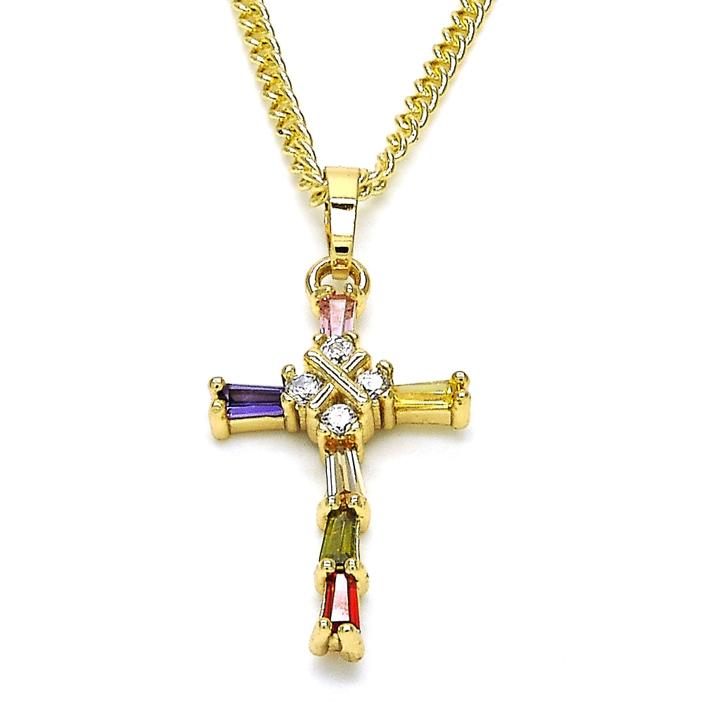 Oro Laminado Pendant Necklace, Gold Filled Style Cross and Baguette Design, with Multicolor Cubic Zirconia, Polished, Golden Finish