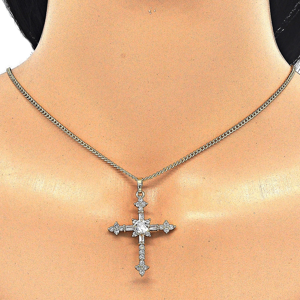 Oro Laminado Pendant Necklace, Gold Filled Style Cross and Baguette Design, with White Cubic Zirconia, Polished, Golden Finish