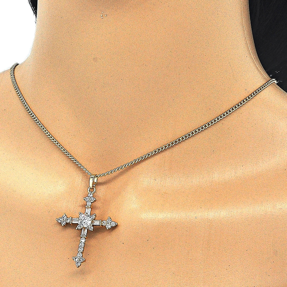 Oro Laminado Pendant Necklace, Gold Filled Style Cross and Baguette Design, with White Cubic Zirconia, Polished, Golden Finish