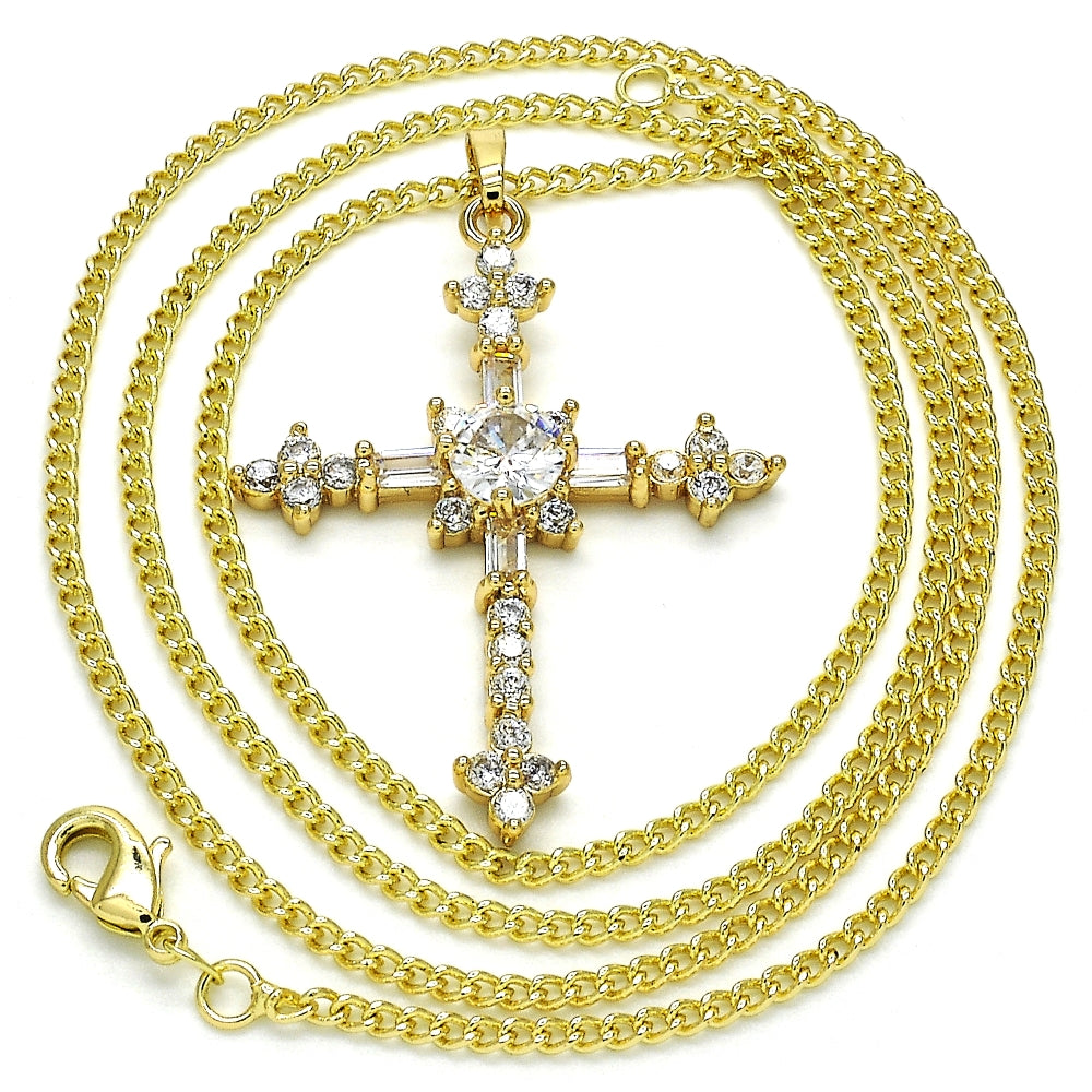 Oro Laminado Pendant Necklace, Gold Filled Style Cross and Baguette Design, with White Cubic Zirconia, Polished, Golden Finish