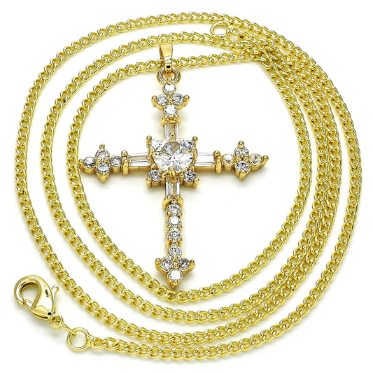 Oro Laminado Pendant Necklace, Gold Filled Style Cross and Baguette Design, with White Cubic Zirconia, Polished, Golden Finish