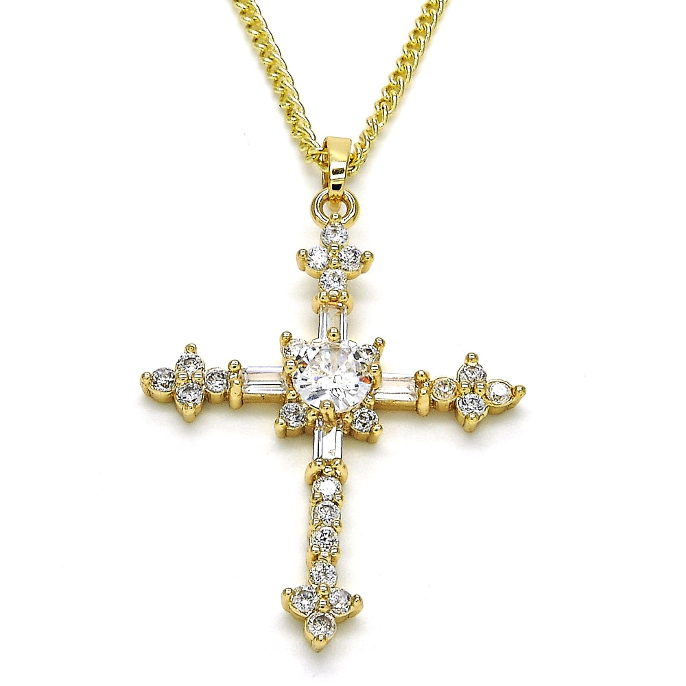 Oro Laminado Pendant Necklace, Gold Filled Style Cross and Baguette Design, with White Cubic Zirconia, Polished, Golden Finish
