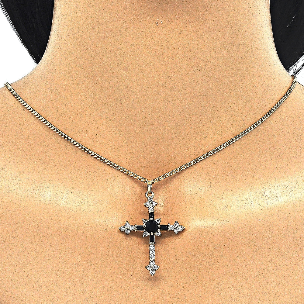 Oro Laminado Pendant Necklace, Gold Filled Style Cross and Baguette Design, with Black and White Cubic Zirconia, Polished, Golden Finish