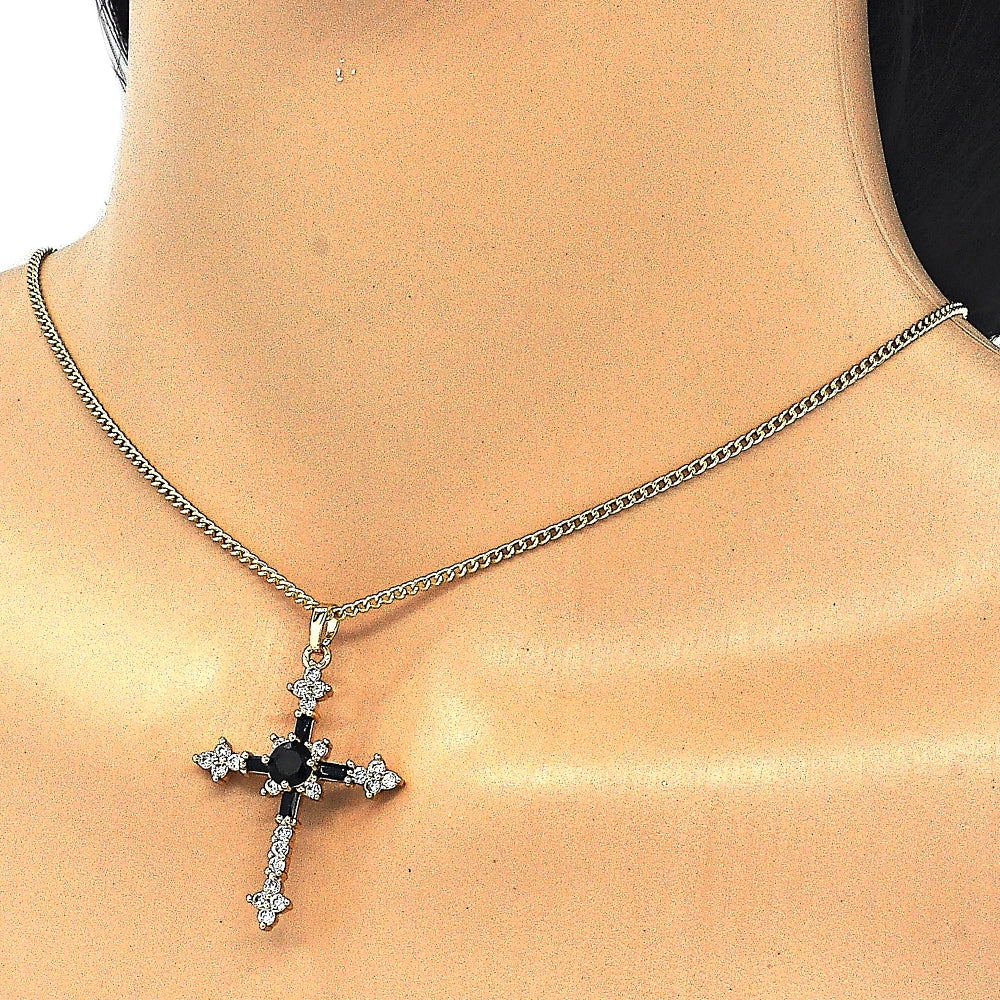 Oro Laminado Pendant Necklace, Gold Filled Style Cross and Baguette Design, with Black and White Cubic Zirconia, Polished, Golden Finish