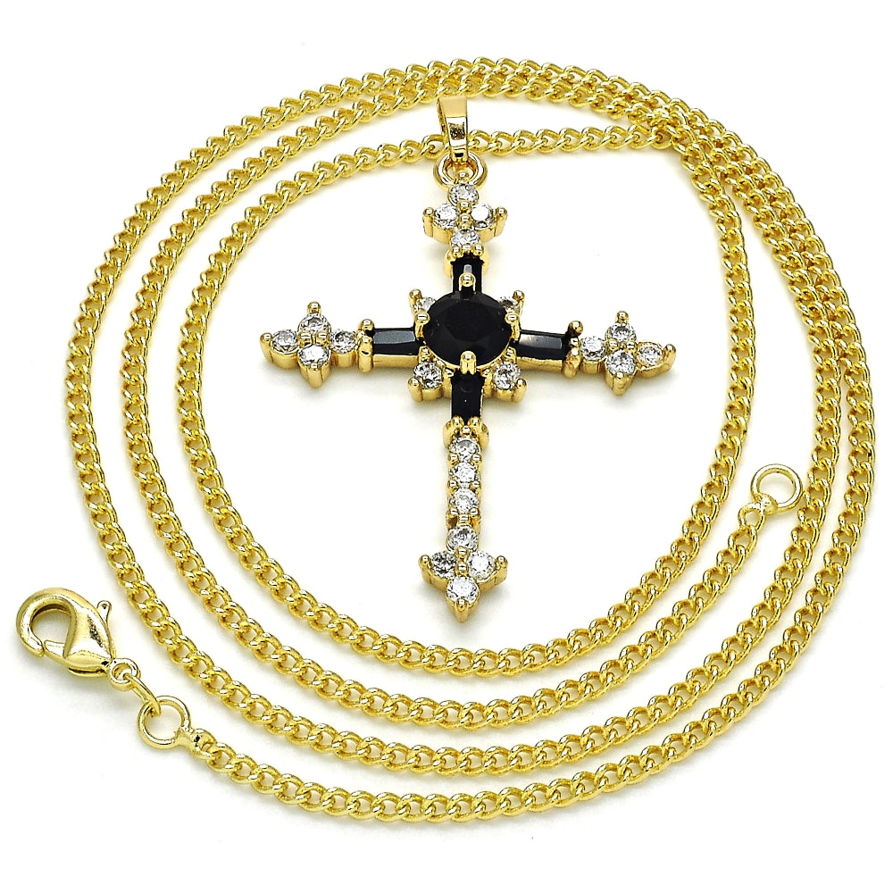 Oro Laminado Pendant Necklace, Gold Filled Style Cross and Baguette Design, with Black and White Cubic Zirconia, Polished, Golden Finish