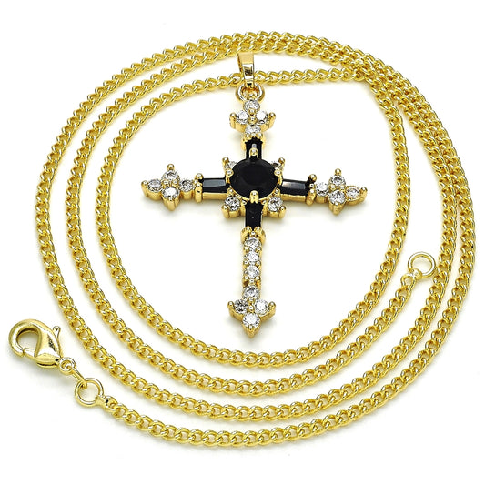 Oro Laminado Pendant Necklace, Gold Filled Style Cross and Baguette Design, with Black and White Cubic Zirconia, Polished, Golden Finish