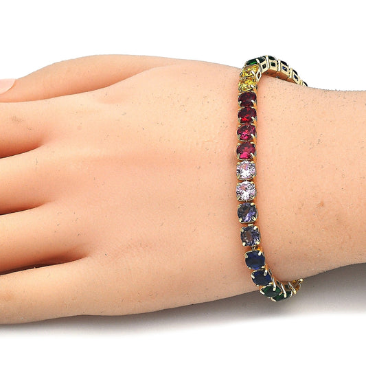 Oro Laminado Tennis Bracelet, Gold Filled Style with Multicolor Cubic Zirconia, Polished, Golden Finish