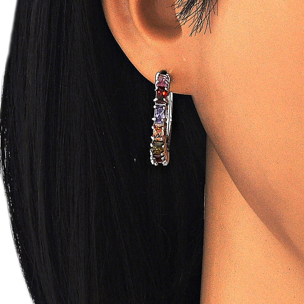 Rhodium Gold Filled Huggie Hoop, with Multicolor Cubic Zirconia, Polished, Rhodium Finish
