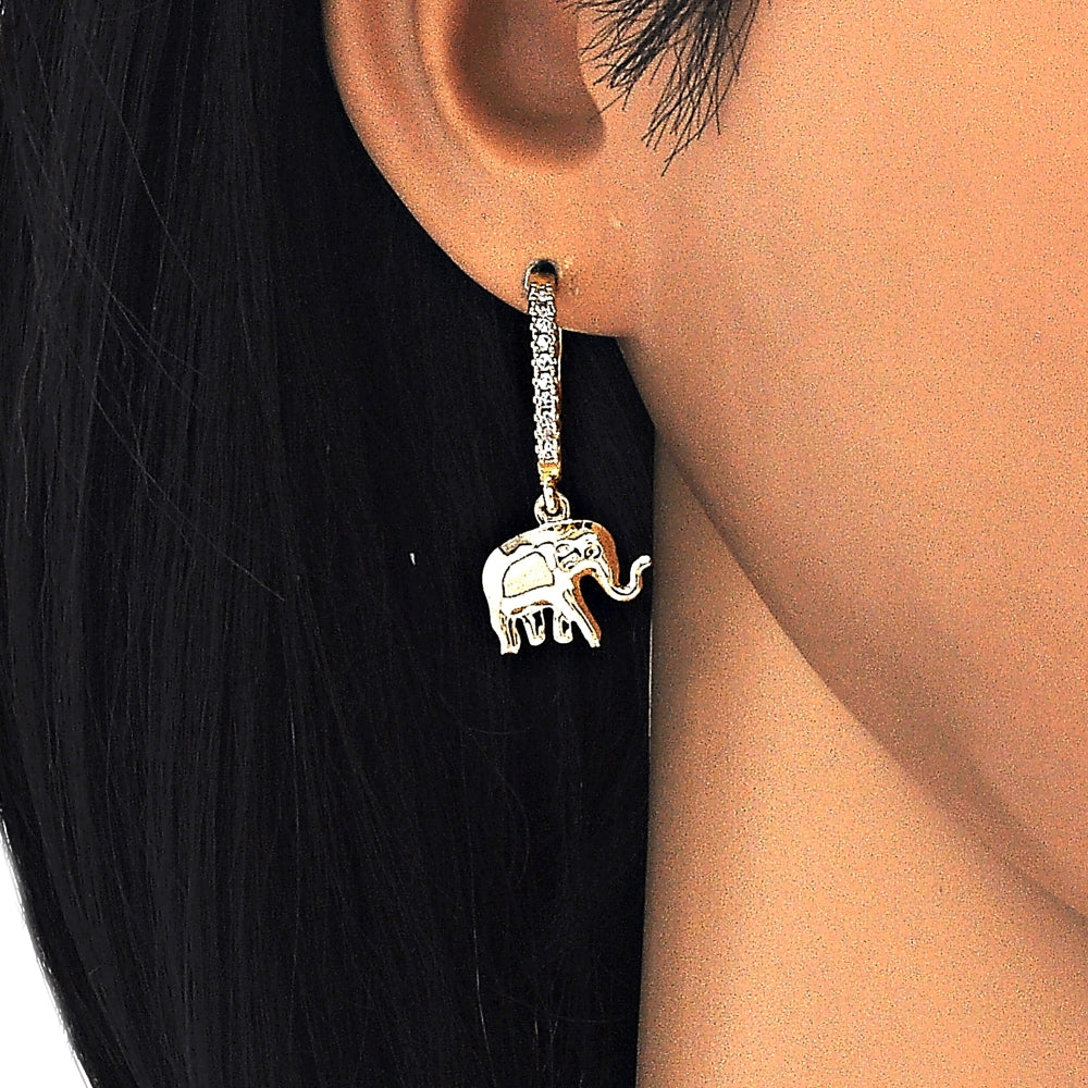 Oro Laminado Huggie Hoop, Gold Filled Style Elephant Design, with White Cubic Zirconia, Polished, Golden Finish
