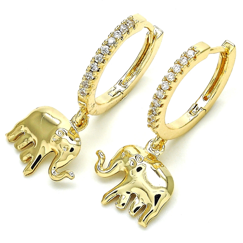 Oro Laminado Huggie Hoop, Gold Filled Style Elephant Design, with White Cubic Zirconia, Polished, Golden Finish