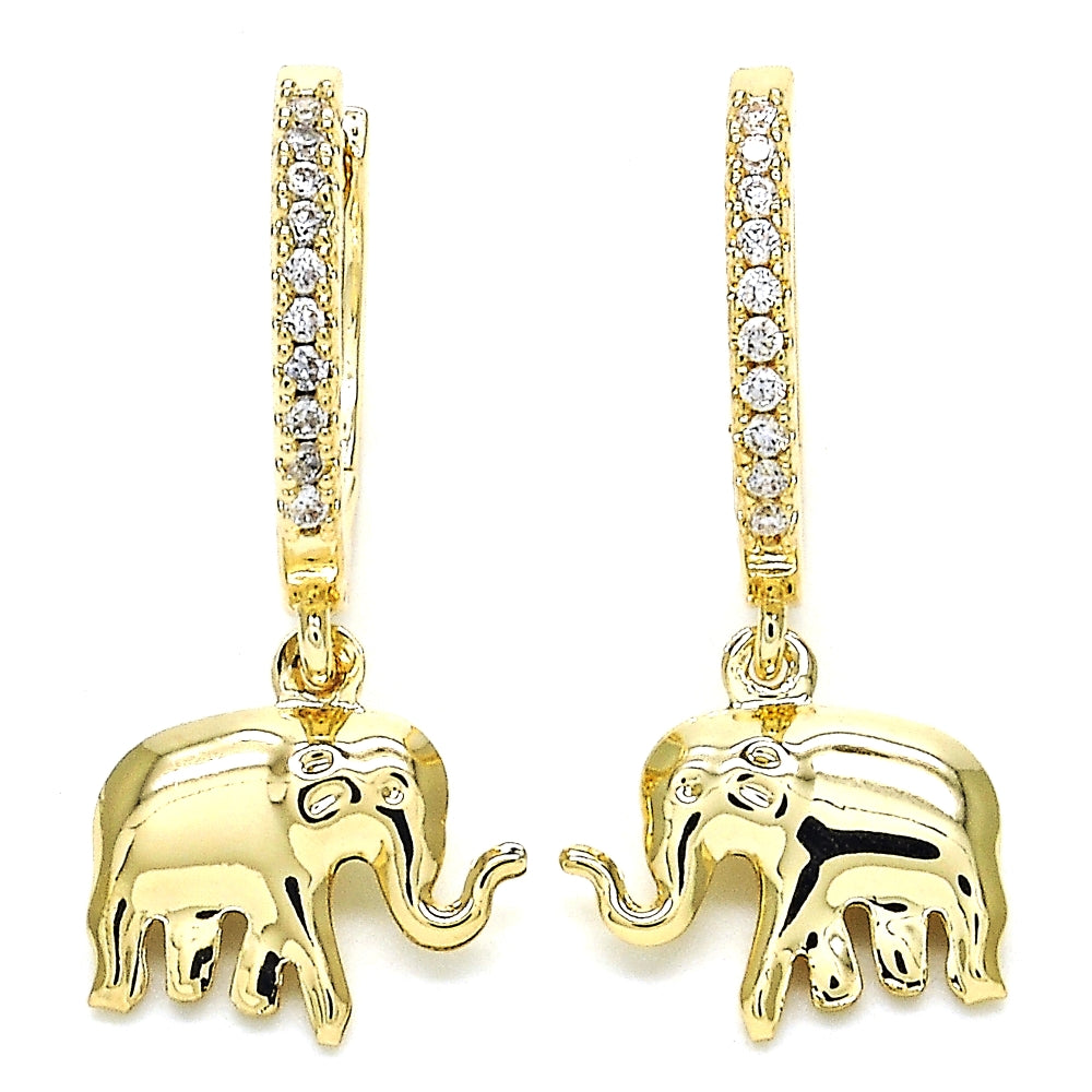 Oro Laminado Huggie Hoop, Gold Filled Style Elephant Design, with White Cubic Zirconia, Polished, Golden Finish