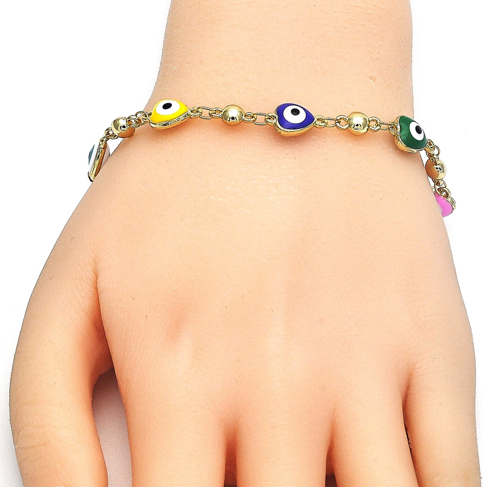 Oro Laminado Fancy Bracelet, Gold Filled Style Evil Eye and Heart Design, Multicolor Enamel Finish, Golden Finish