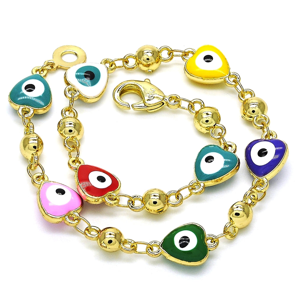 Oro Laminado Fancy Bracelet, Gold Filled Style Evil Eye and Heart Design, Multicolor Enamel Finish, Golden Finish