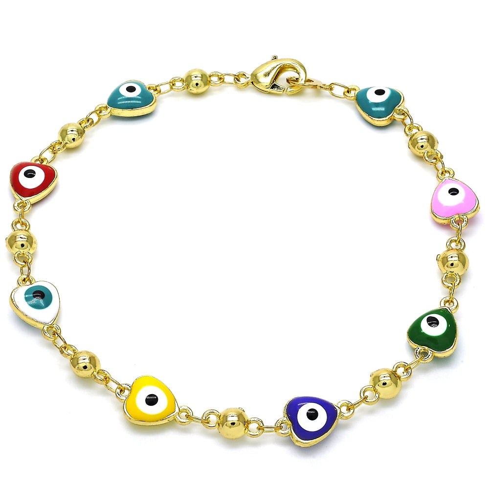 Oro Laminado Fancy Bracelet, Gold Filled Style Evil Eye and Heart Design, Multicolor Enamel Finish, Golden Finish