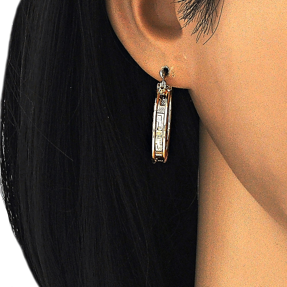 Oro Laminado Medium Hoop, Gold Filled Style Greek Key Design, Polished, Tricolor