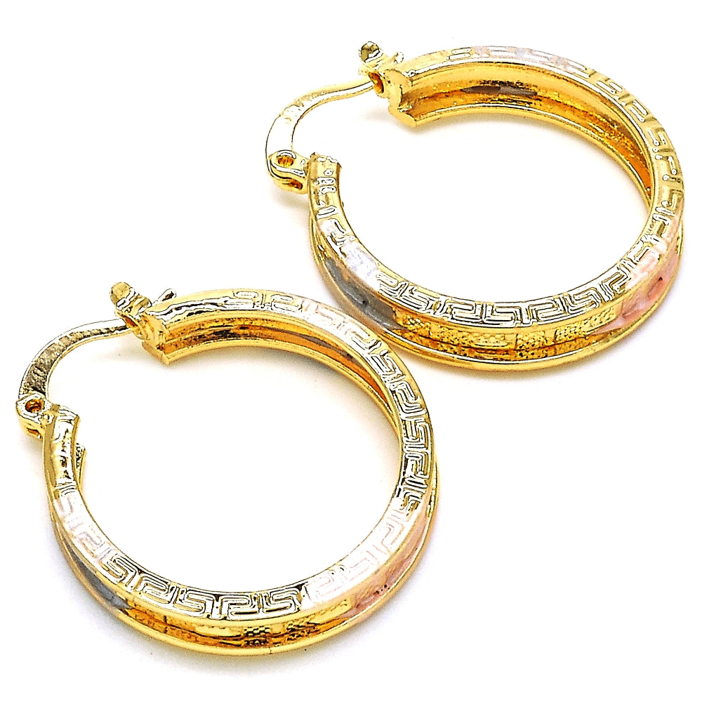 Oro Laminado Medium Hoop, Gold Filled Style Greek Key Design, Polished, Tricolor