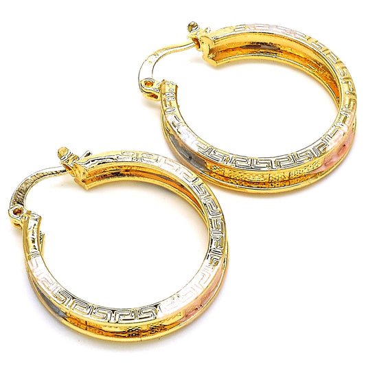 Oro Laminado Medium Hoop, Gold Filled Style Greek Key Design, Polished, Tricolor