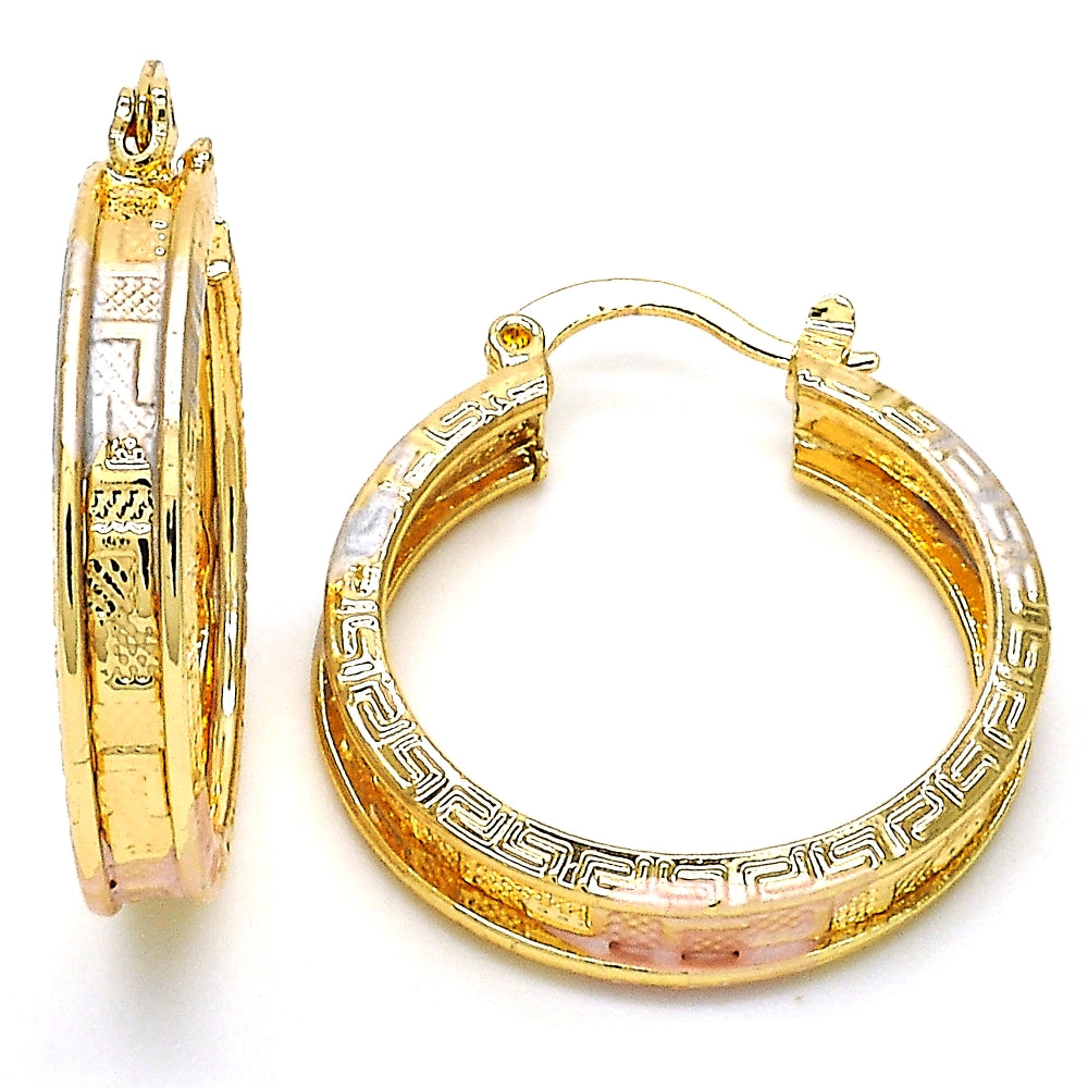 Oro Laminado Medium Hoop, Gold Filled Style Greek Key Design, Polished, Tricolor