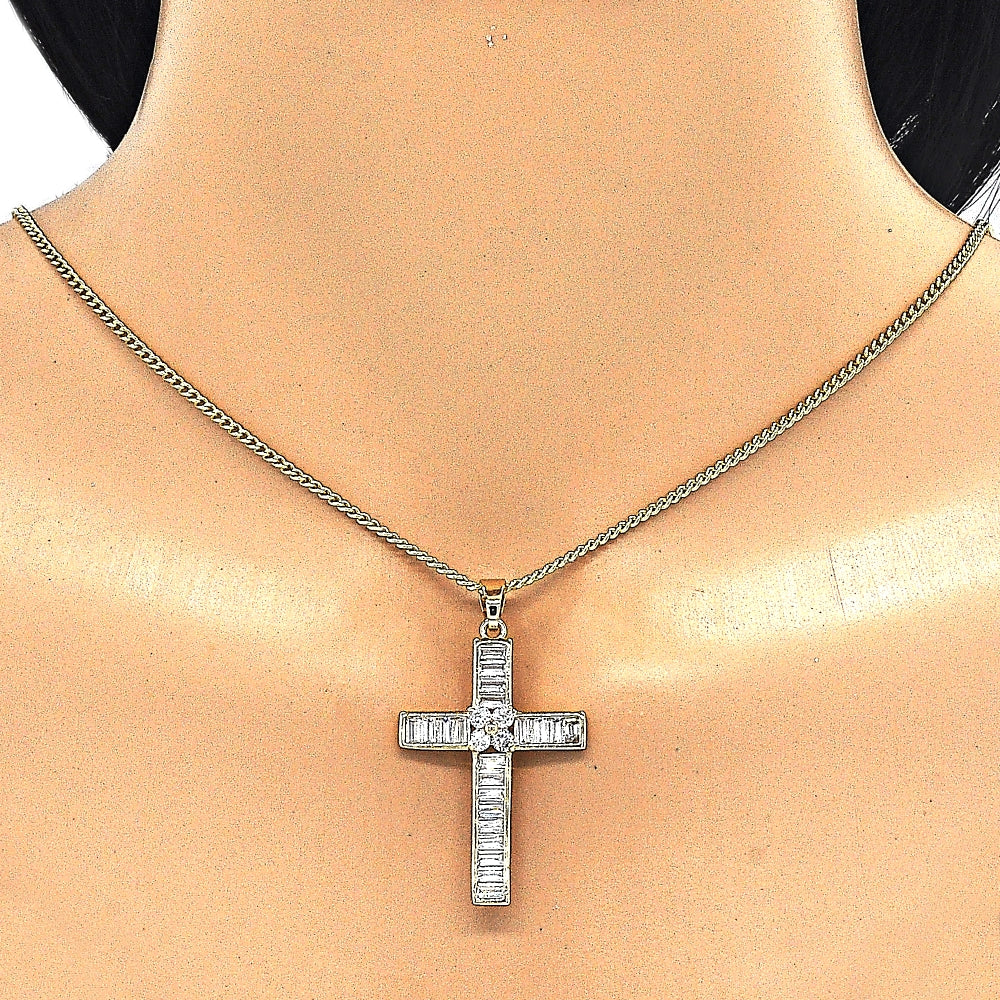 Oro Laminado Pendant Necklace, Gold Filled Style Cross and Baguette Design, with White Cubic Zirconia, Polished, Golden Finish