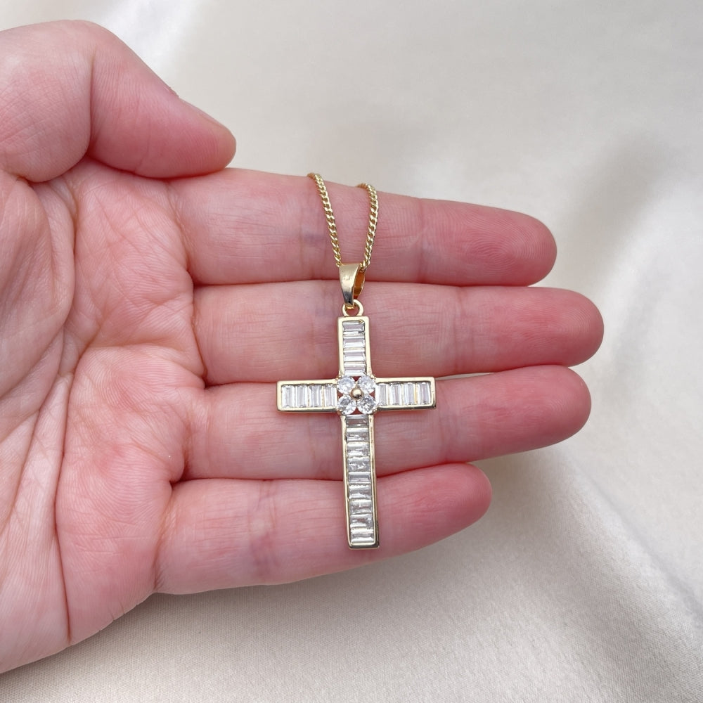 Oro Laminado Pendant Necklace, Gold Filled Style Cross and Baguette Design, with White Cubic Zirconia, Polished, Golden Finish